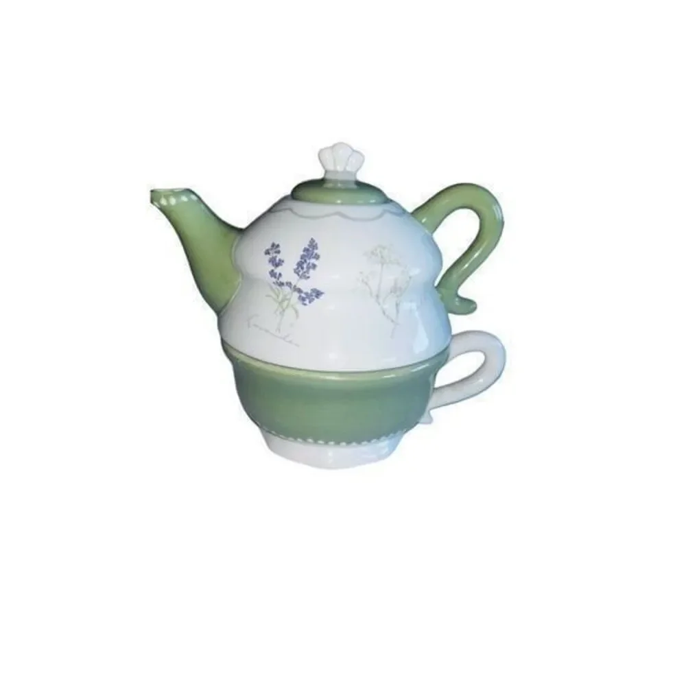 Sonoma Tea set for 1 Stacked Teapot Teacup Herbs Herb Garden 3 pc green/beige